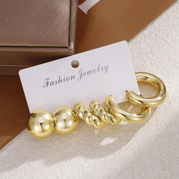 Women's Hypoallergenic Chunky Chain Twisted 24 Pairs Gold Hoop Earrings Set - Picture 9 of 9